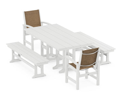 POLYWOOD® Coastal 5-Piece Farmhouse Dining Set in White / Burlap Sling