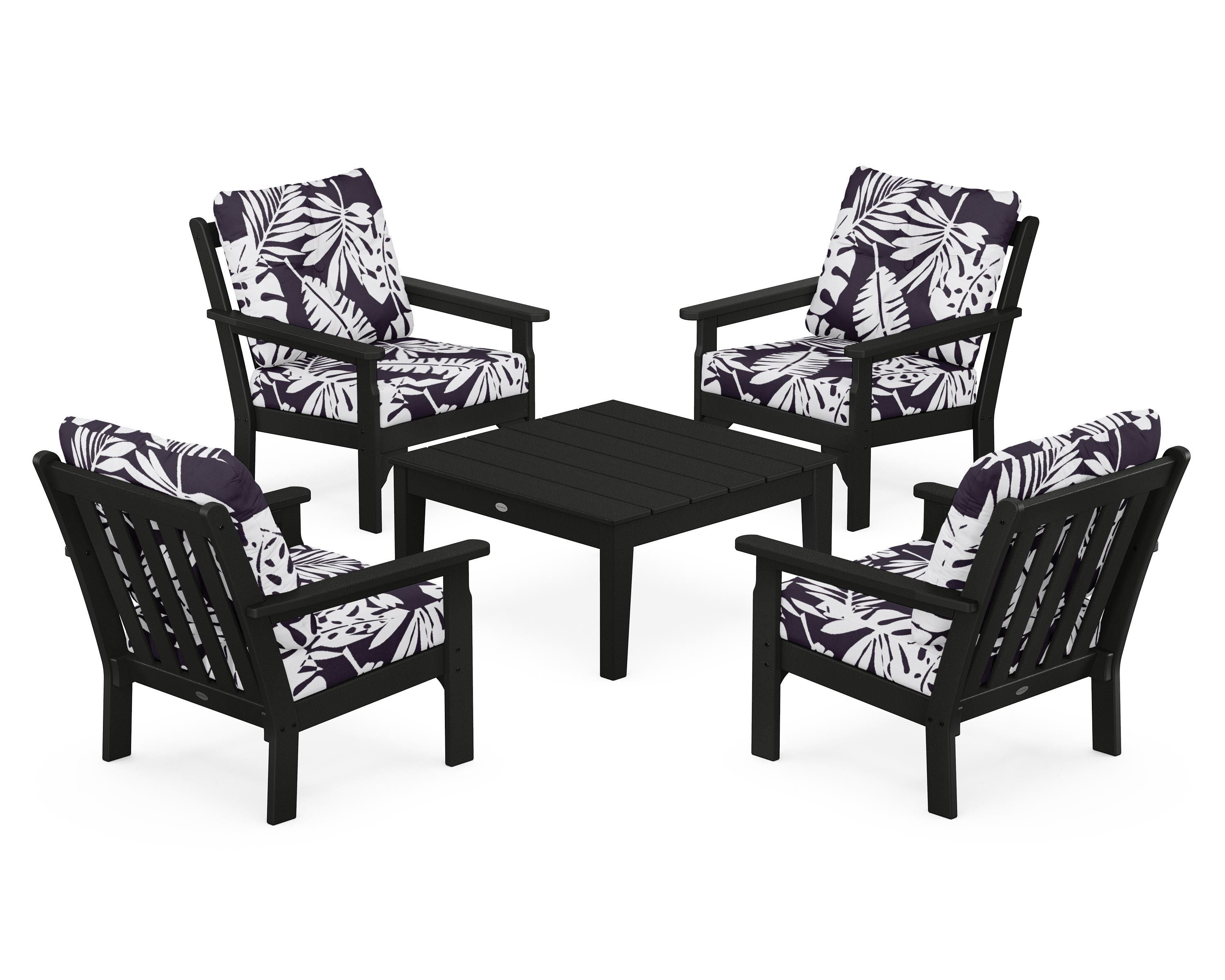 POLYWOOD® Vineyard 5-Piece Deep Seating Conversation Set in Black / Leaf Navy