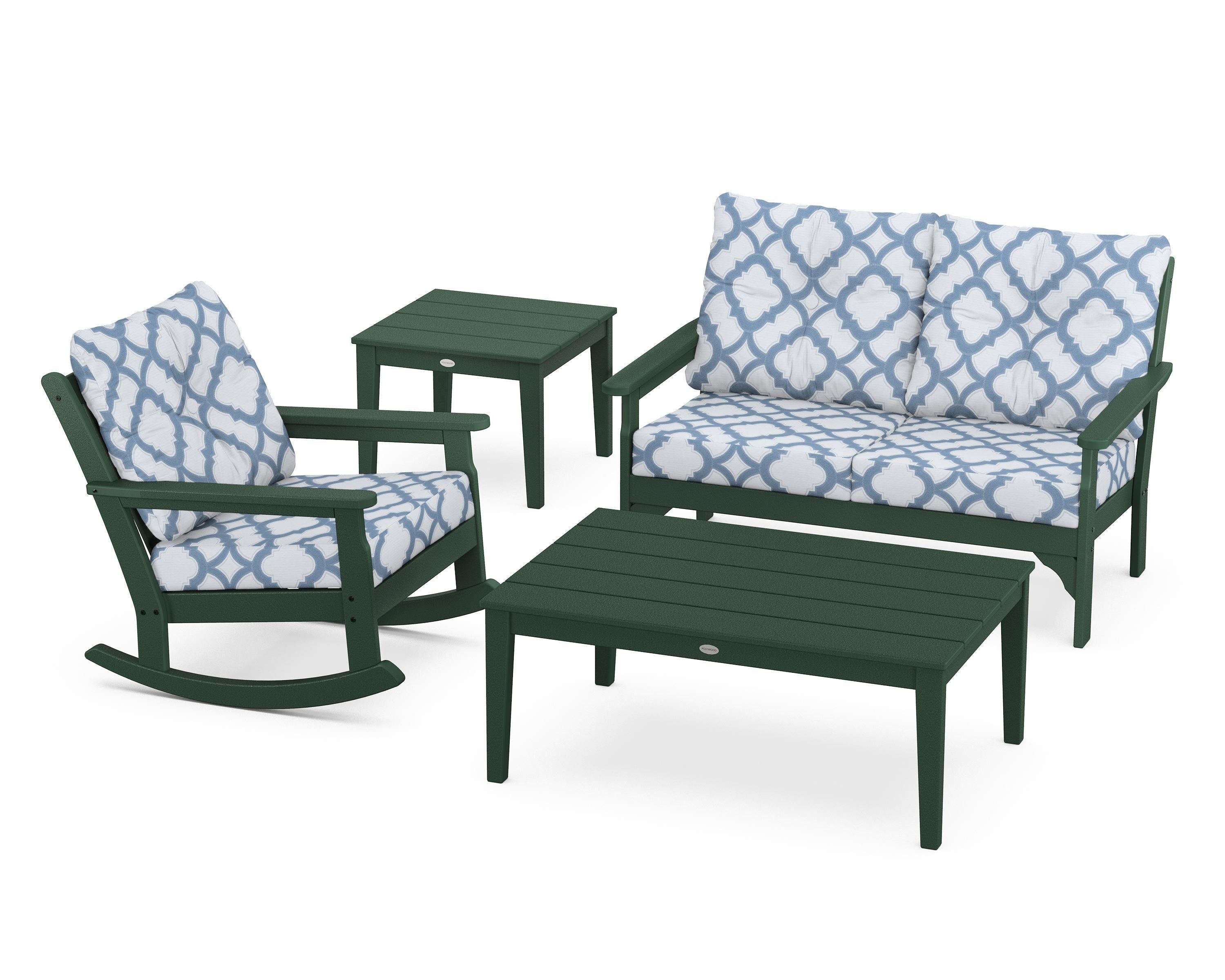 POLYWOOD® Vineyard 4-Piece Deep Seating Rocker Set in Green / Trellis Sky Blue