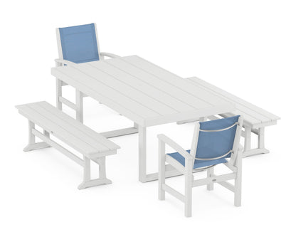 POLYWOOD® Coastal 5-Piece Dining Set with Trestle Legs in White / Poolside Sling