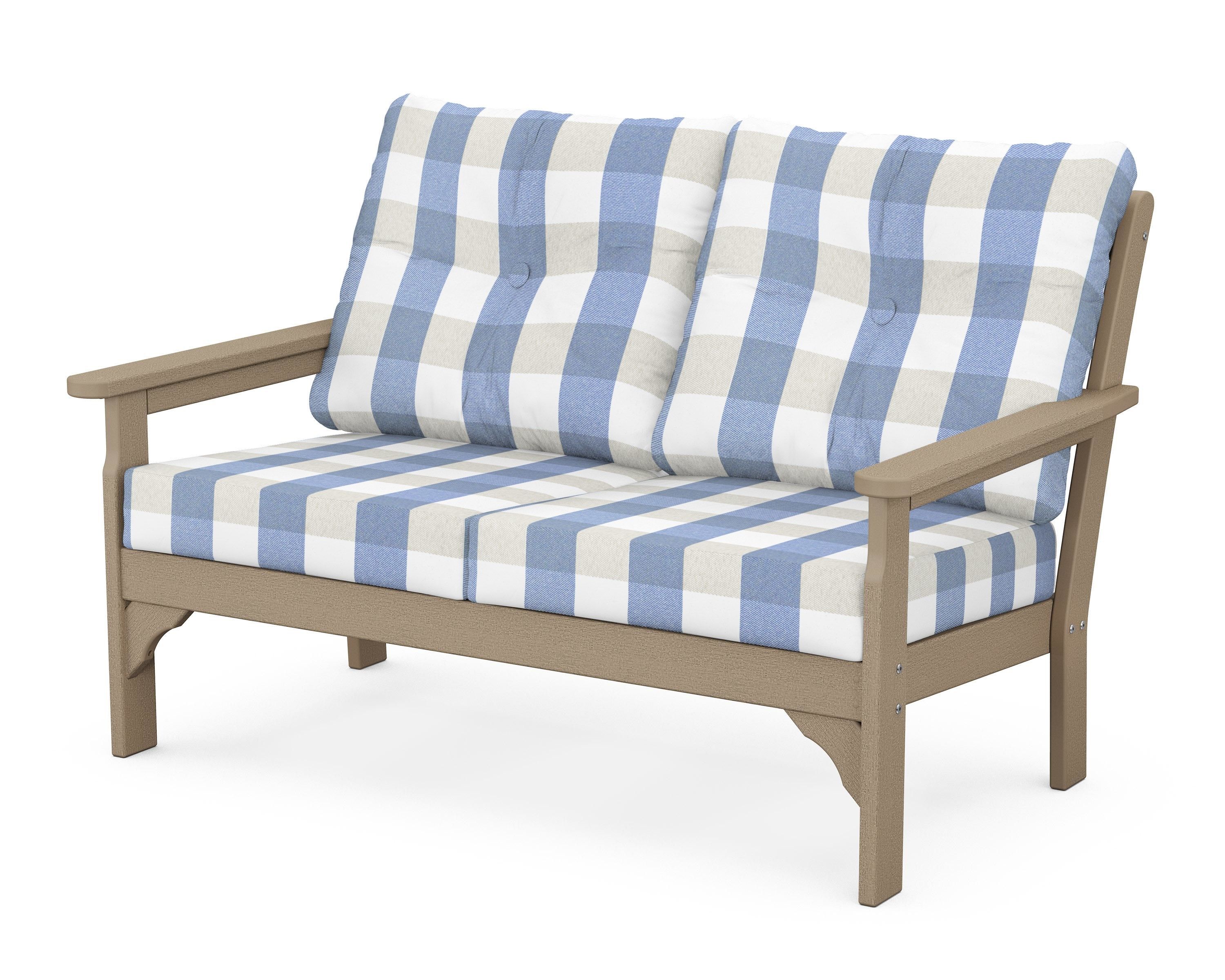 POLYWOOD® Vineyard Deep Seating Loveseat in Vintage Sahara / Buffalo Plaid Sky Blue