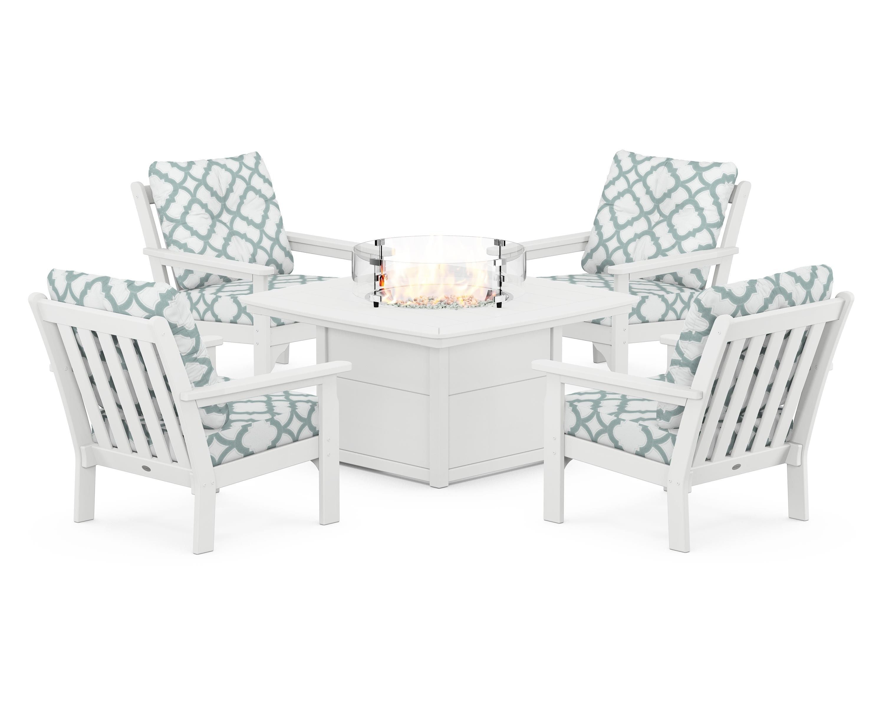 POLYWOOD® Vineyard 5-Piece Conversation Set with Fire Pit Table in White / Trellis Glacier Spa