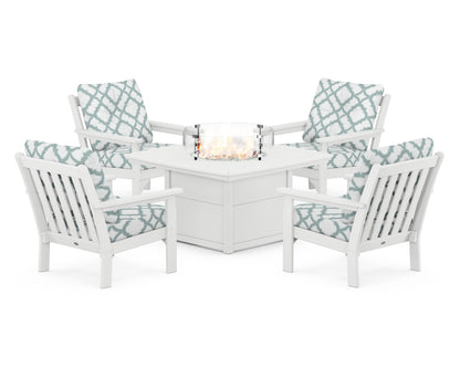 POLYWOOD® Vineyard 5-Piece Conversation Set with Fire Pit Table in White / Trellis Glacier Spa