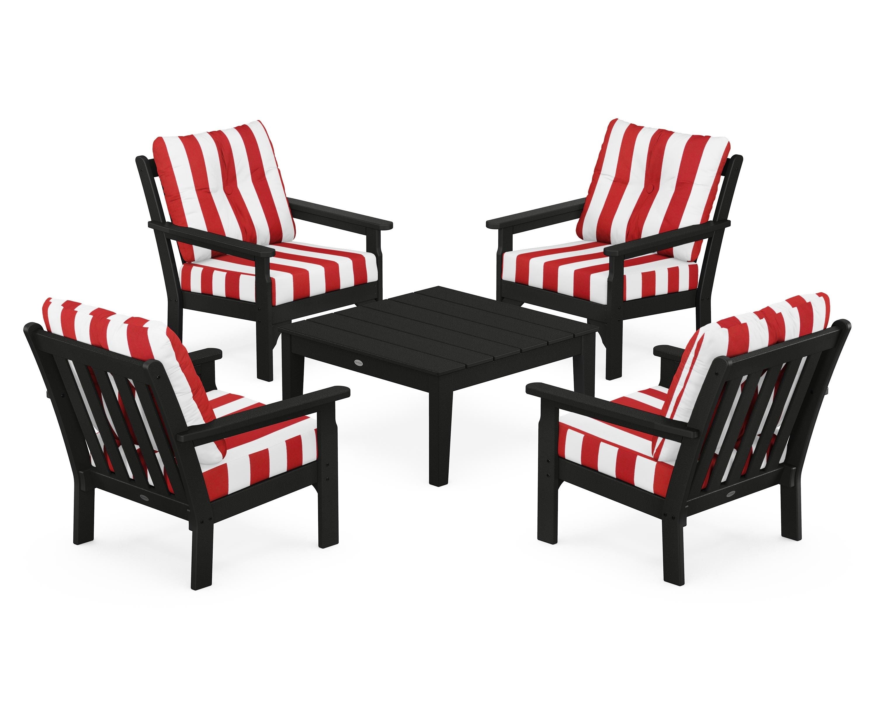 POLYWOOD® Vineyard 5-Piece Deep Seating Conversation Set in Black / Cabana Stripe Crimson