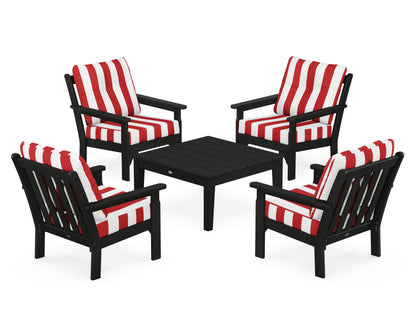POLYWOOD® Vineyard 5-Piece Deep Seating Conversation Set in Black / Cabana Stripe Crimson