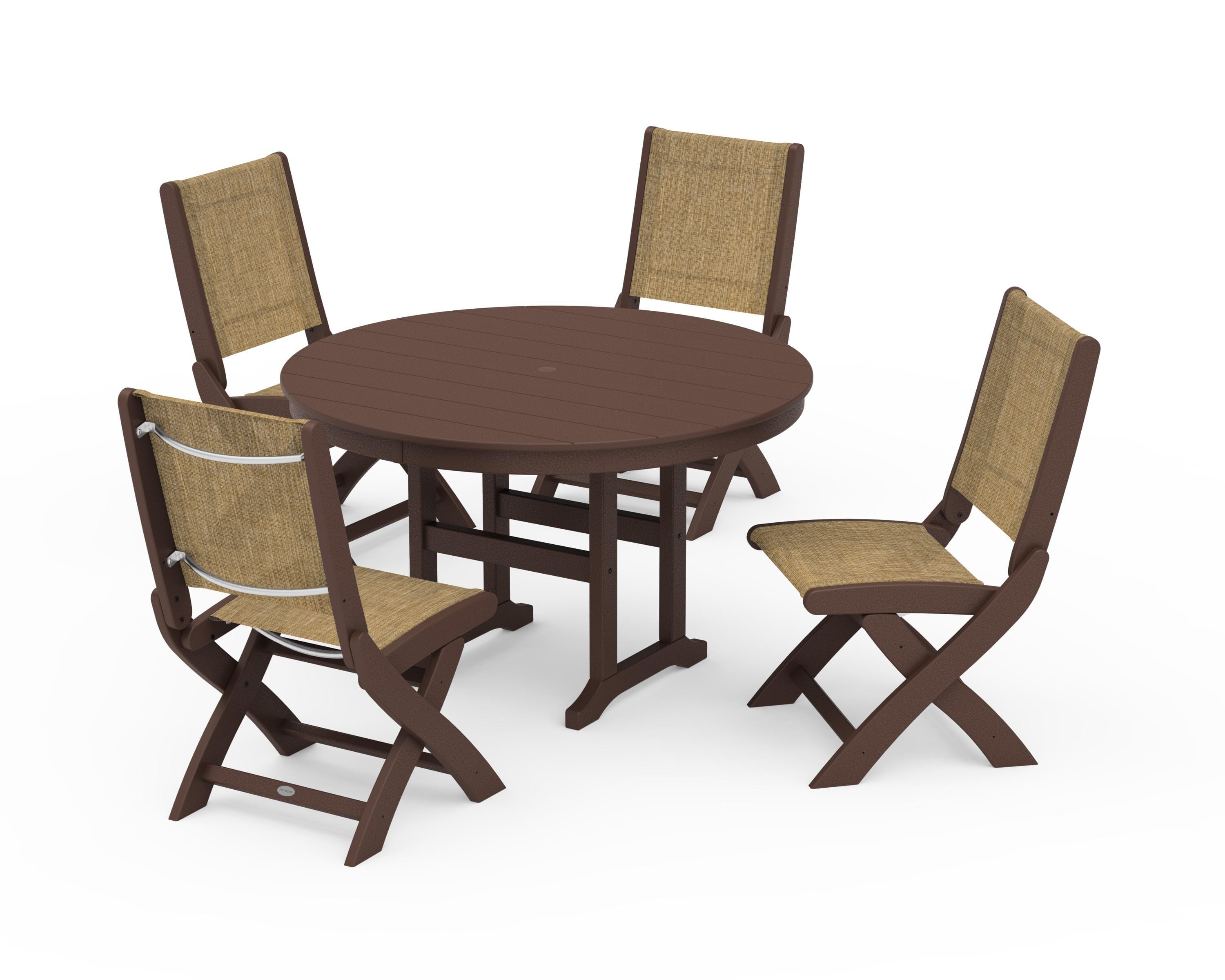 POLYWOOD® Coastal Folding Side Chair 5-Piece Round Dining Set in Mahogany / Burlap Sling