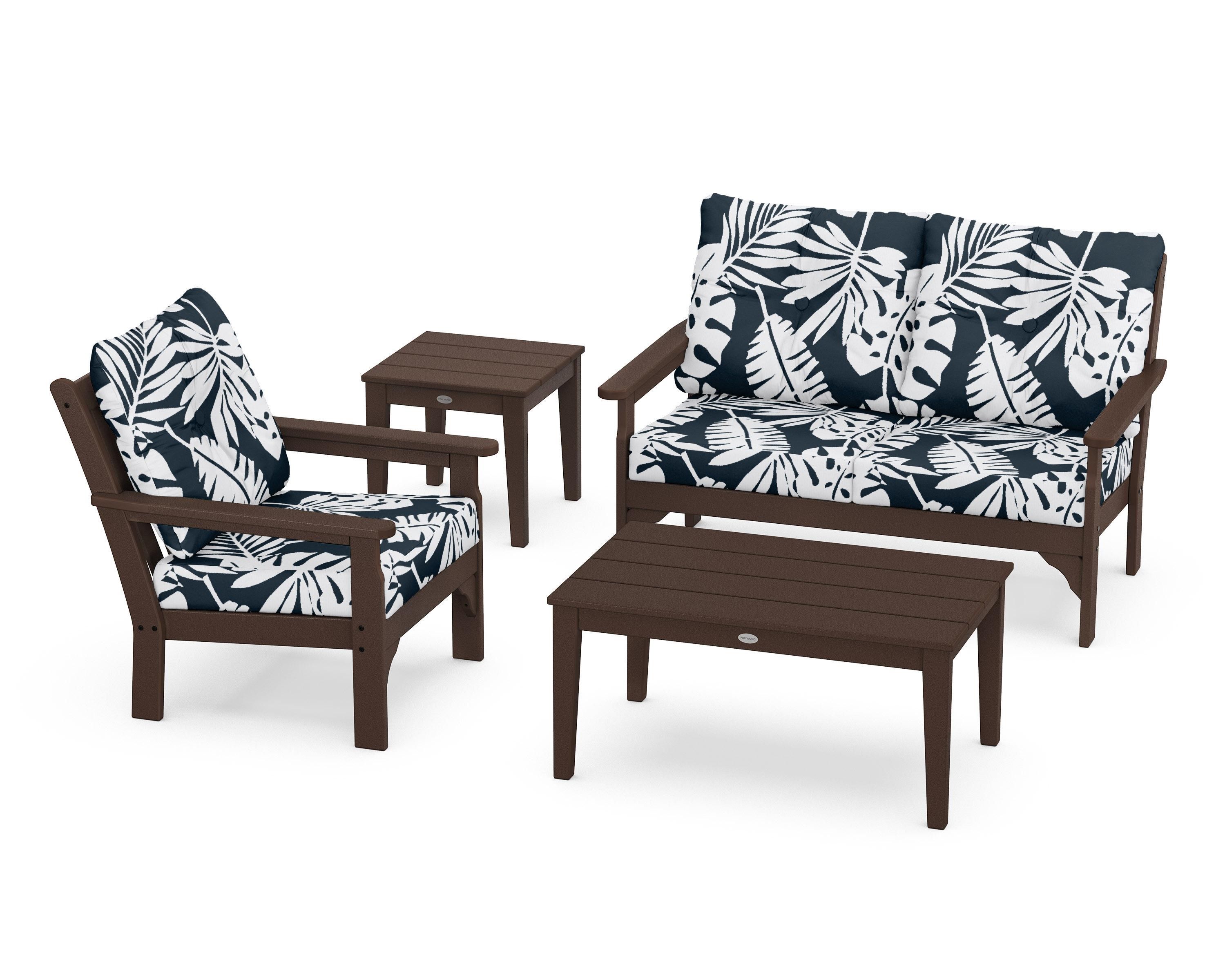 POLYWOOD® Vineyard 4-Piece Deep Seating Set in Mahogany / Leaf Marine Indigo