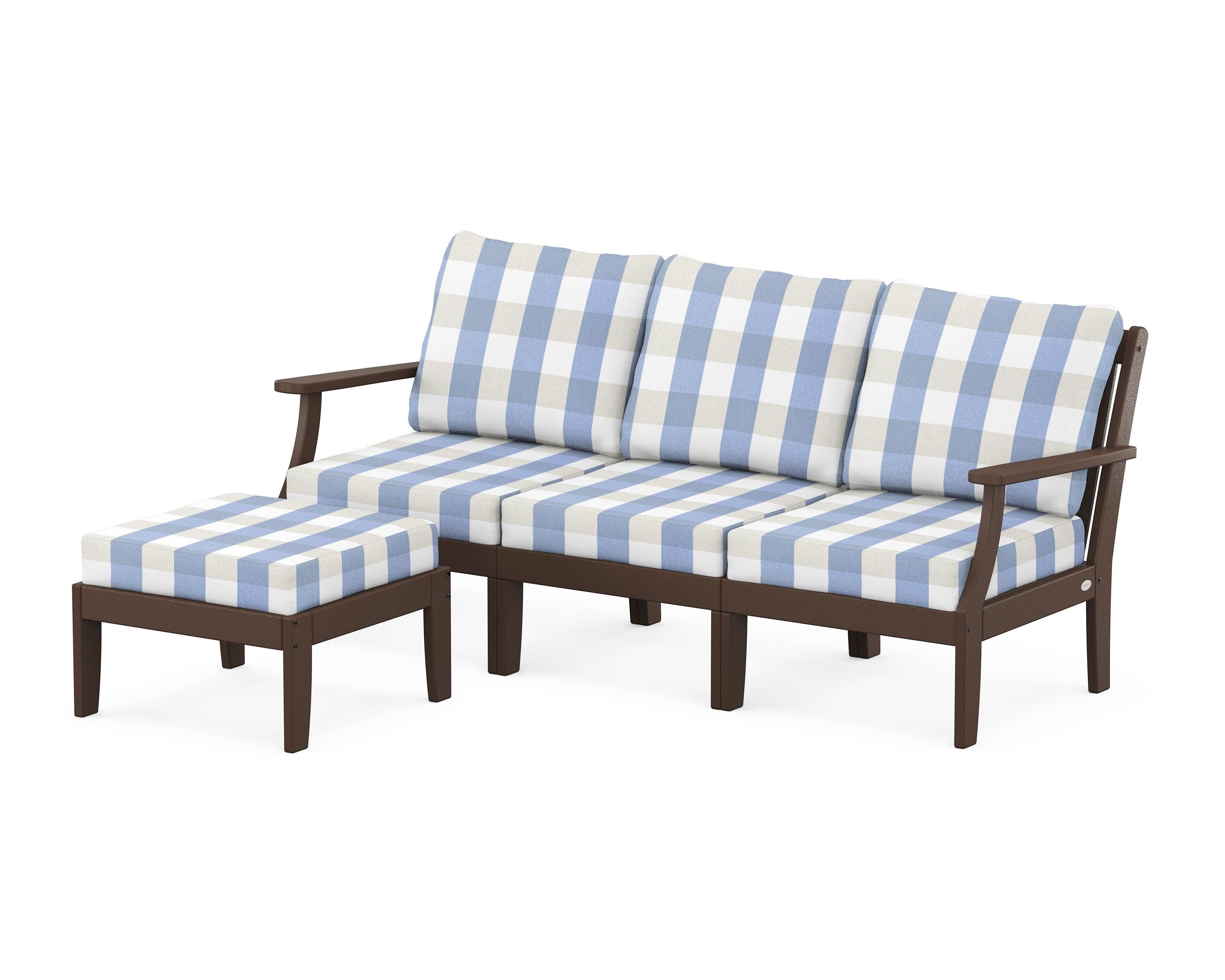 POLYWOOD® Braxton Modular 4-Piece Deep Seating Set with Ottoman in Mahogany / Buffalo Plaid Sky Blue