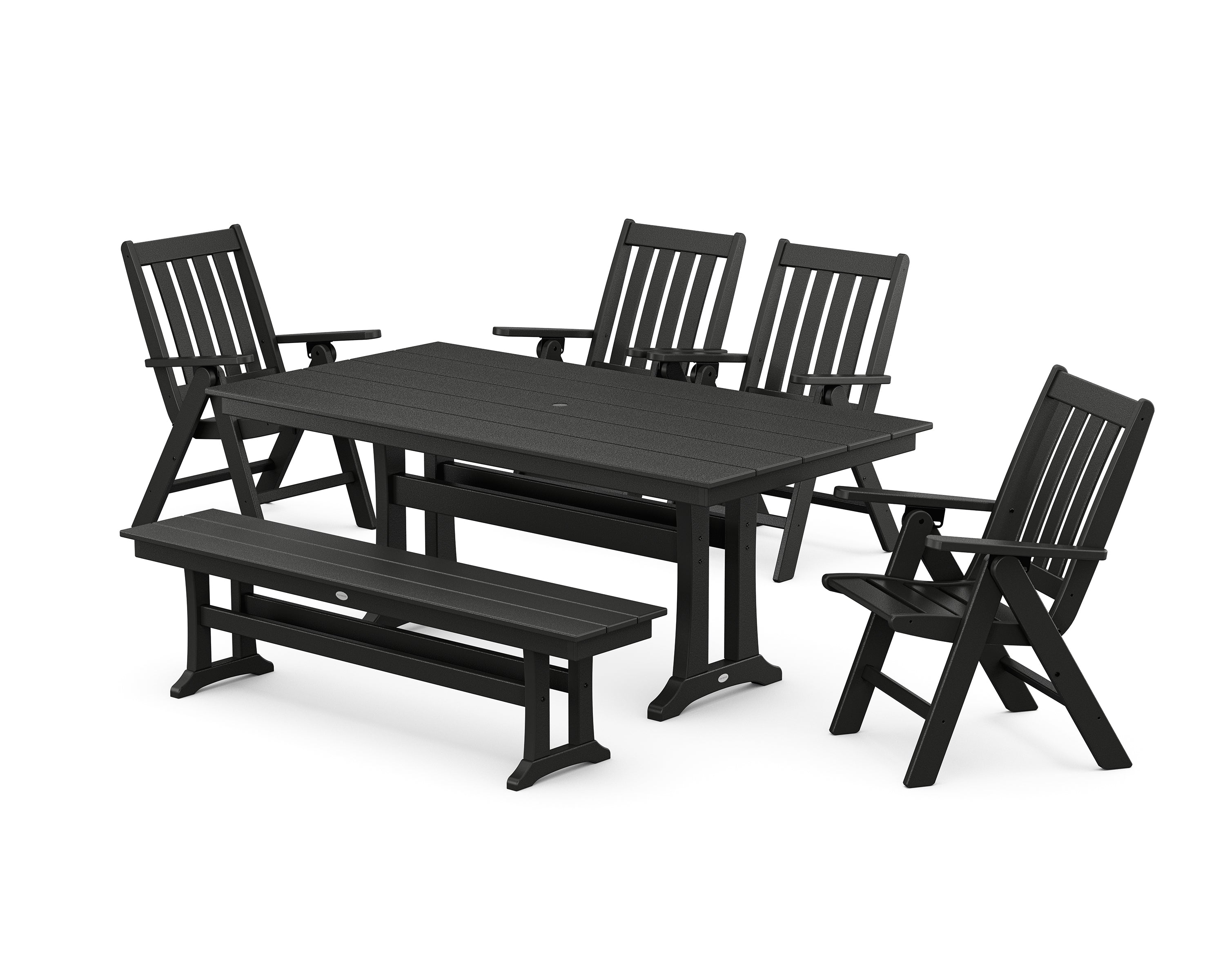 POLYWOOD® Vineyard 6-Piece Folding Chair Farmhouse Dining Set with Trestle Legs and Bench in Black