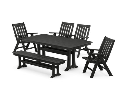 POLYWOOD® Vineyard 6-Piece Folding Chair Farmhouse Dining Set with Trestle Legs and Bench in Black