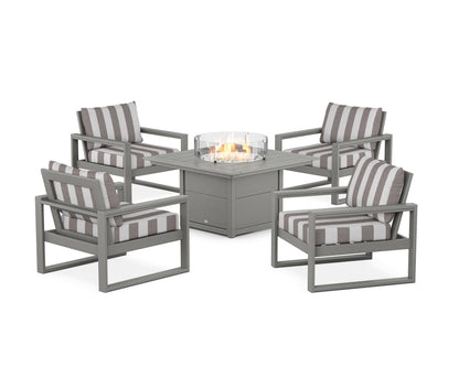 POLYWOOD® EDGE Sectional 5-Piece Deep Seating Set with Fire Pit Table in Slate Grey / Cabana Stripe Grey Mist