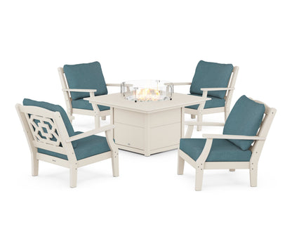 Martha Stewart by POLYWOOD® Chinoiserie 5-Piece Deep Seating Set with Fire Pit Table in Sand / Ocean Teal
