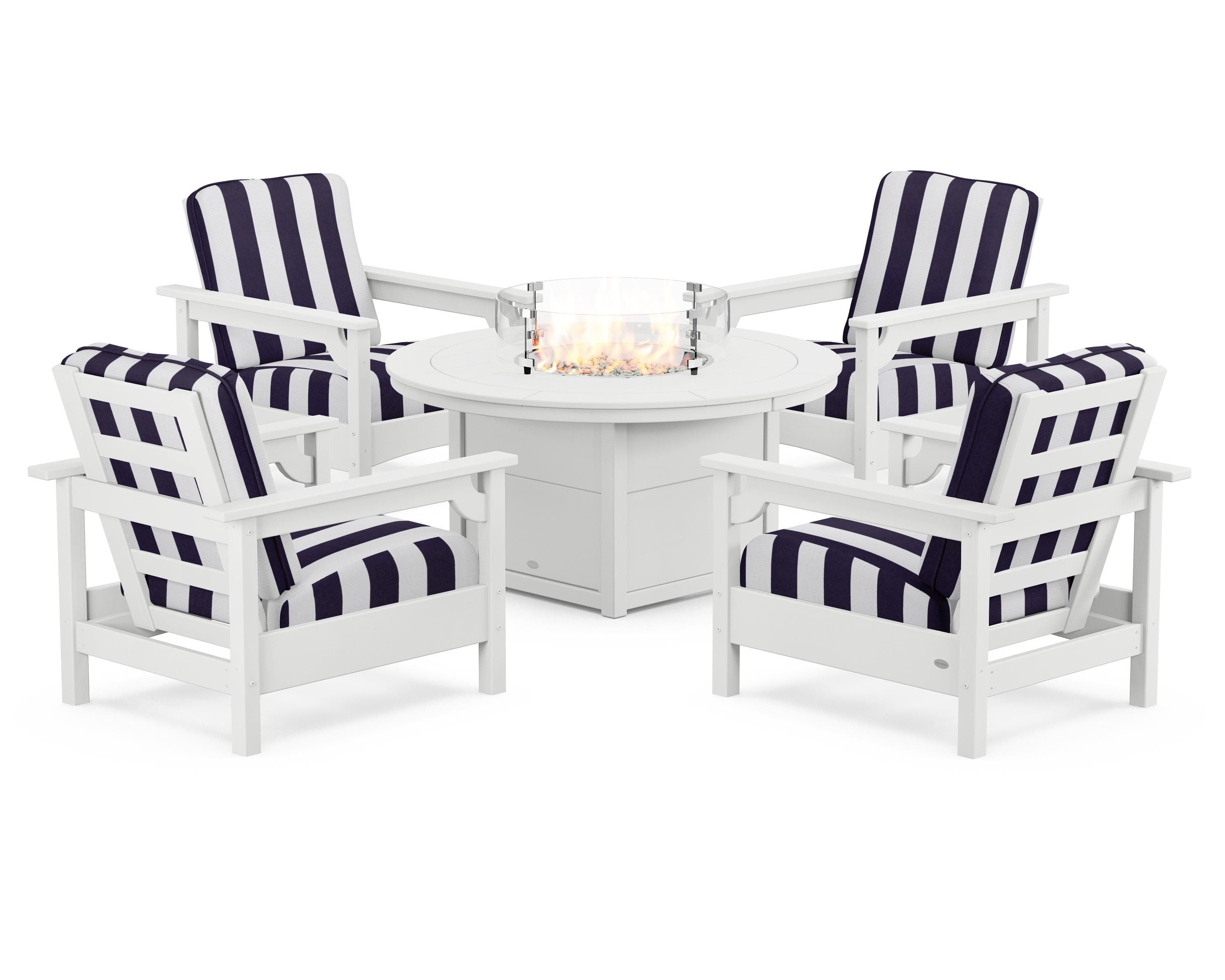 POLYWOOD® Club 5-Piece Conversation Set with Fire Pit Table in White / Cabana Stripe Navy