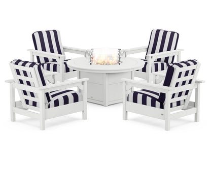 POLYWOOD® Club 5-Piece Conversation Set with Fire Pit Table in White / Cabana Stripe Navy