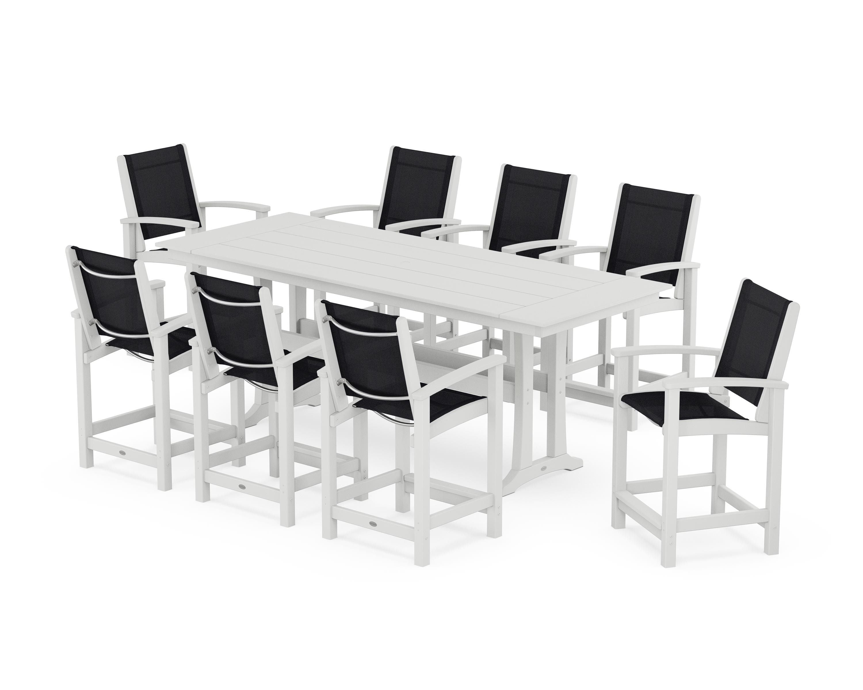 POLYWOOD® Coastal 9-Piece Farmhouse Counter Set with Trestle Legs in White / Black Sling