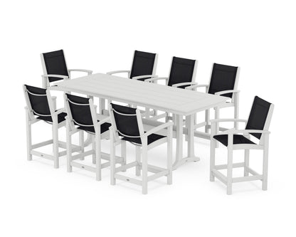 POLYWOOD® Coastal 9-Piece Farmhouse Counter Set with Trestle Legs in White / Black Sling