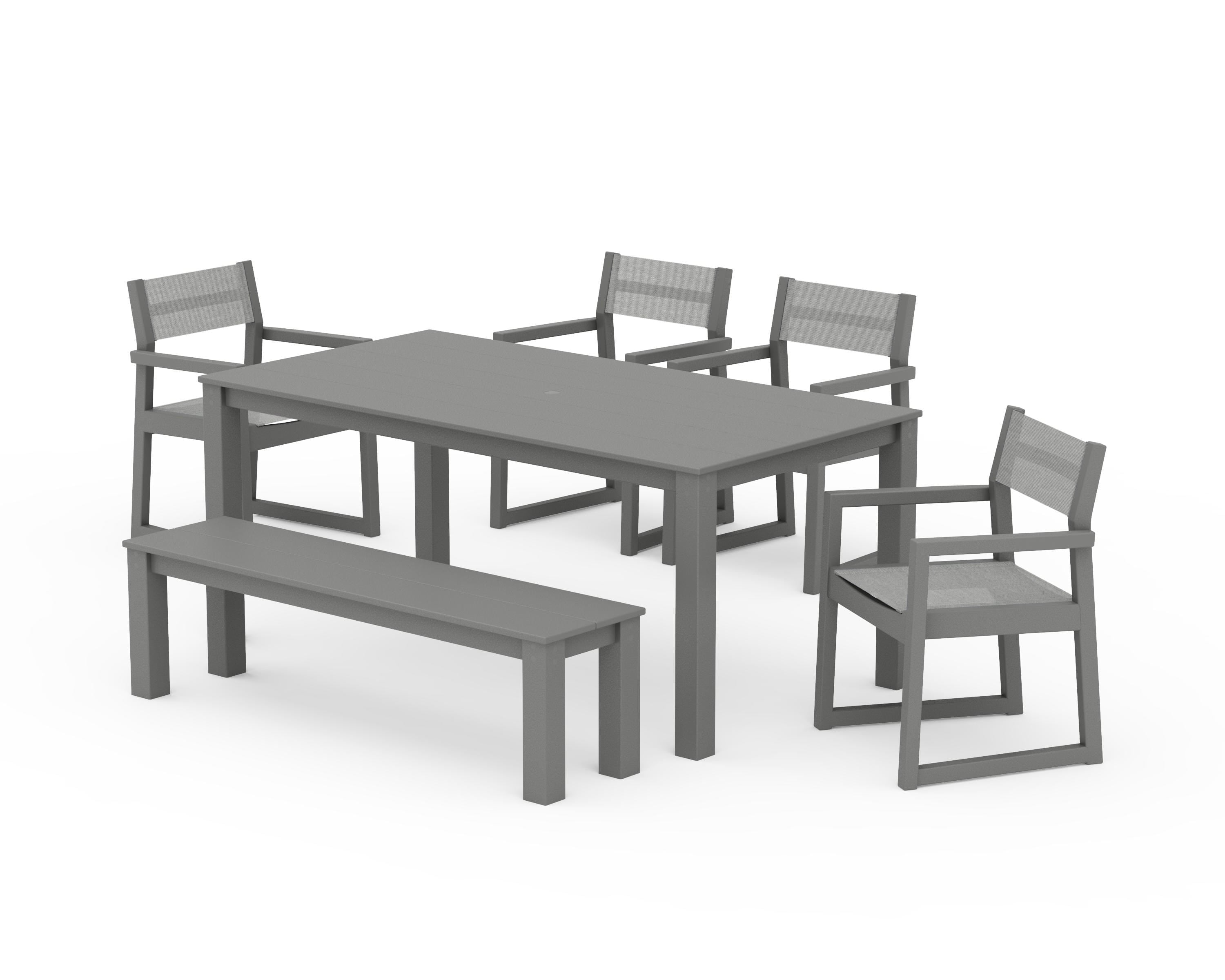 POLYWOOD® EDGE Sling Arm Chair 6-Piece Parsons Dining Set with Bench in Slate Grey / Metallic Sling