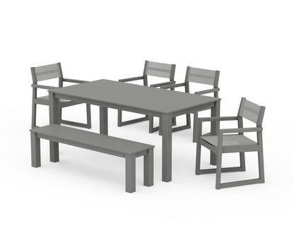 POLYWOOD® EDGE Sling Arm Chair 6-Piece Parsons Dining Set with Bench in Slate Grey / Metallic Sling