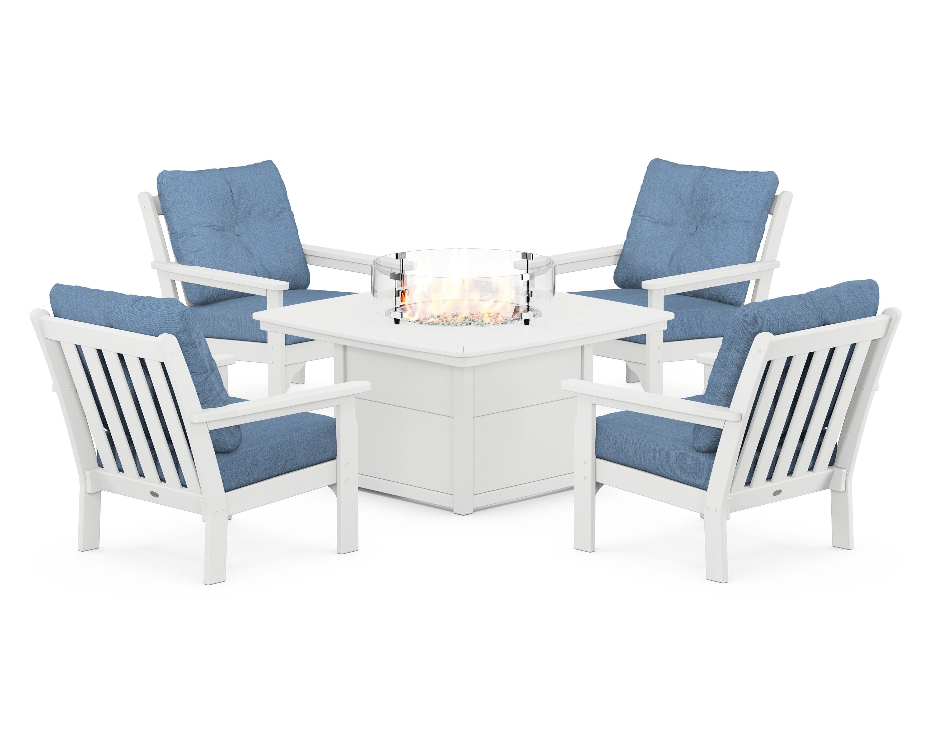 POLYWOOD® Vineyard 5-Piece Conversation Set with Fire Pit Table in White / Sky Blue