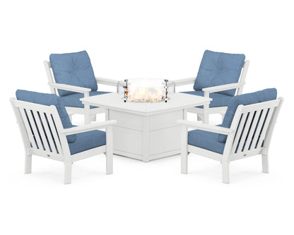 POLYWOOD® Vineyard 5-Piece Conversation Set with Fire Pit Table in White / Sky Blue