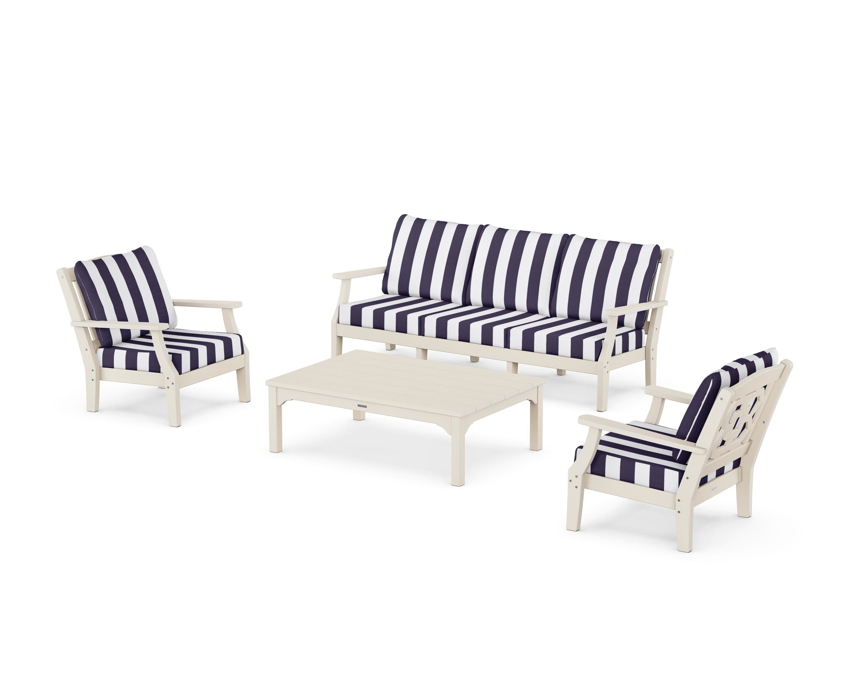 Martha Stewart by POLYWOOD® Chinoiserie 4-Piece Deep Seating Set with Sofa in Sand / Cabana Stripe Navy