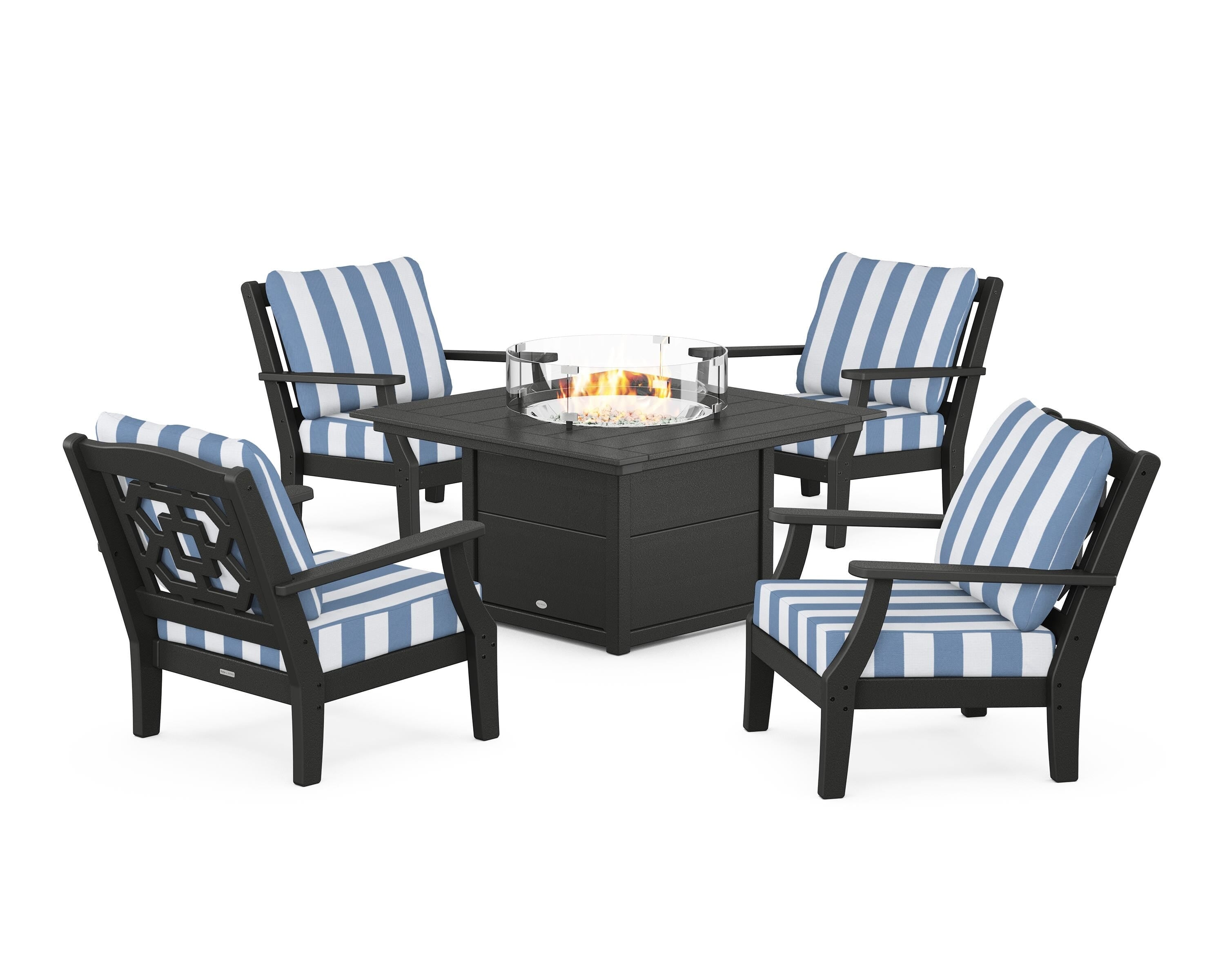 Martha Stewart by POLYWOOD® Chinoiserie 5-Piece Deep Seating Set with Fire Pit Table in Black / Cabana Stripe Sky Blue