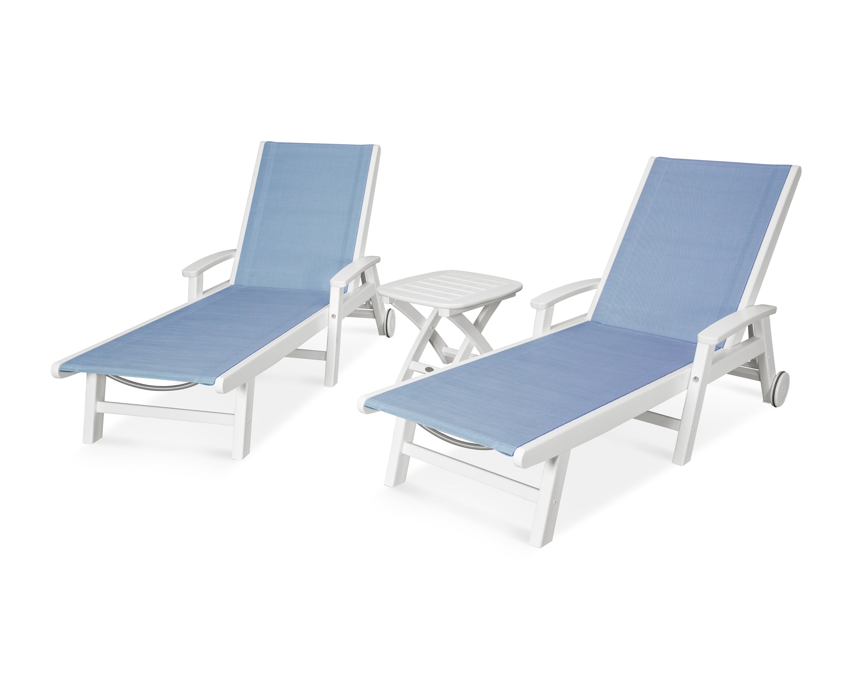 POLYWOOD® Coastal 3-Piece Wheeled Chaise Set in White / Poolside Sling