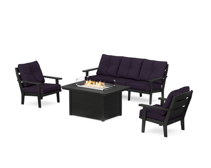 POLYWOOD® Lakeside Deep Seating Fire Pit Table Set in Black / Navy Linen