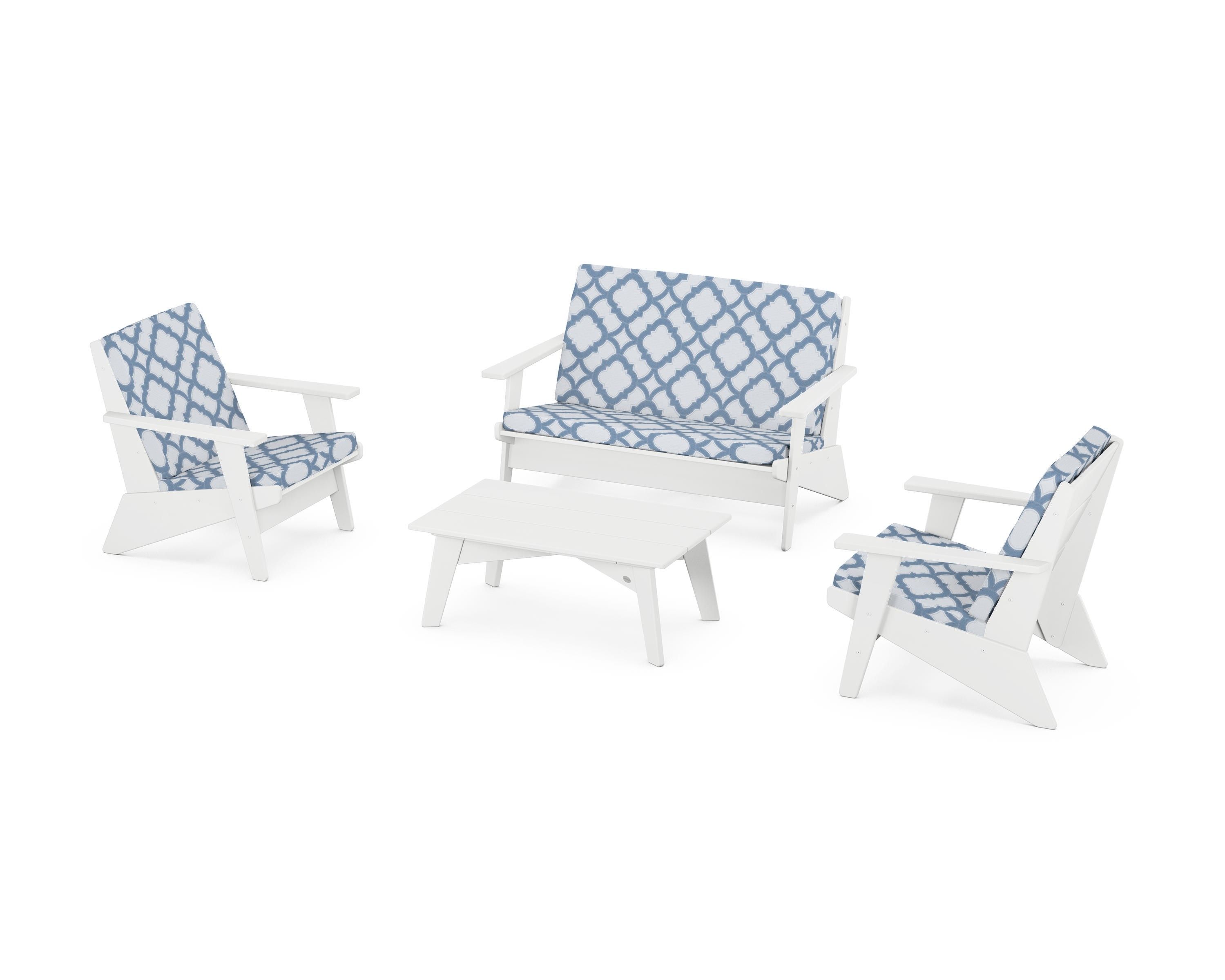 POLYWOOD® Riviera Modern Lounge 4-Piece Set in White / Trellis Sky Blue
