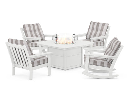 POLYWOOD® Vineyard 5-Piece Deep Seating Rocking Chair Conversation Set with Fire Pit Table in White / Buffalo Plaid Grey Mist