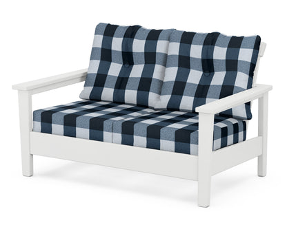 POLYWOOD® Prescott Deep Seating Loveseat in White / Buffalo Plaid Marine Indigo