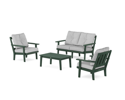 POLYWOOD® Oxford 4-Piece Deep Seating Set with Loveseat in Green / Cabana Stripe Marine Indigo
