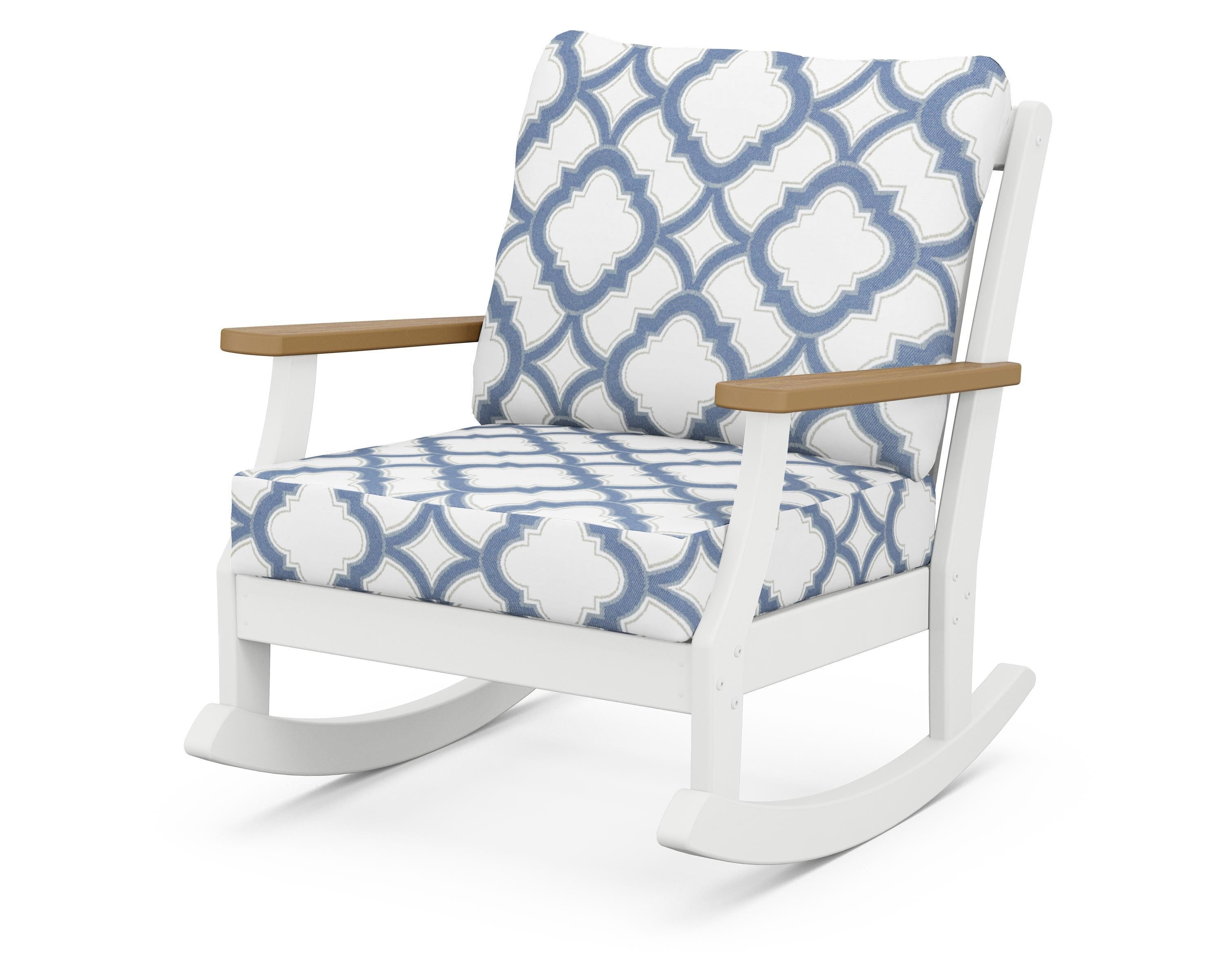 POLYWOOD® Braxton Deep Seating Rocking Chair in White / Natural / Trellis Sky Blue