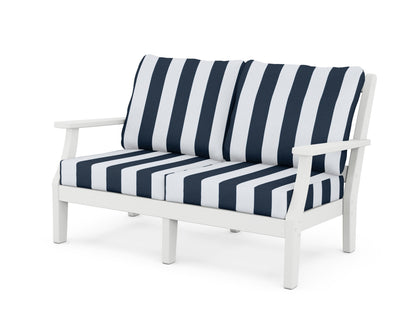 Martha Stewart by POLYWOOD® Chinoiserie Deep Seating Loveseat in White / Cabana Stripe Marine Indigo