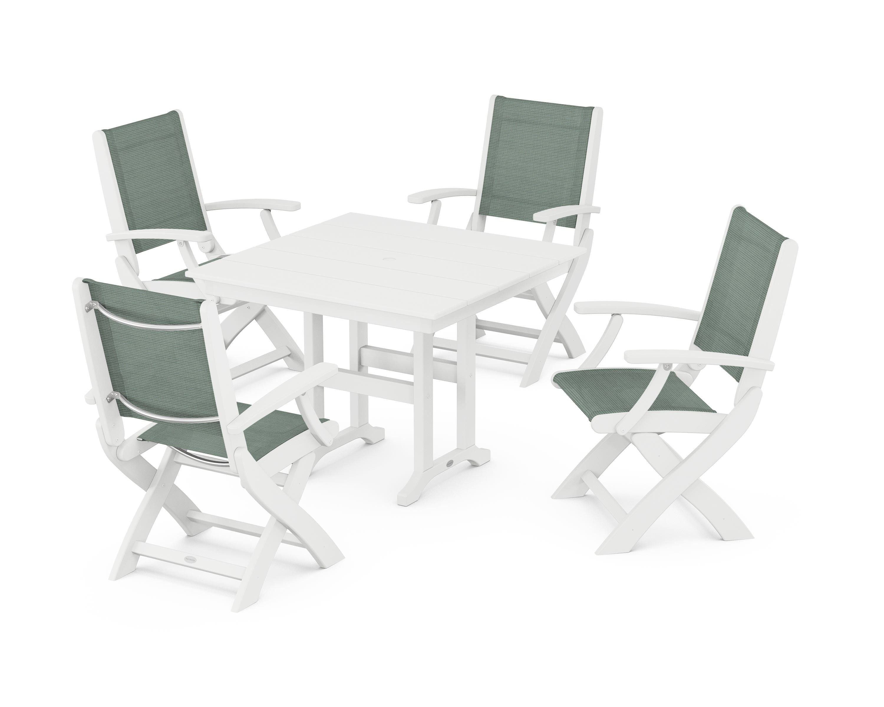 POLYWOOD® Coastal Folding Chair 5-Piece Farmhouse Dining Set in White / Dupioni Sea Mist Sling