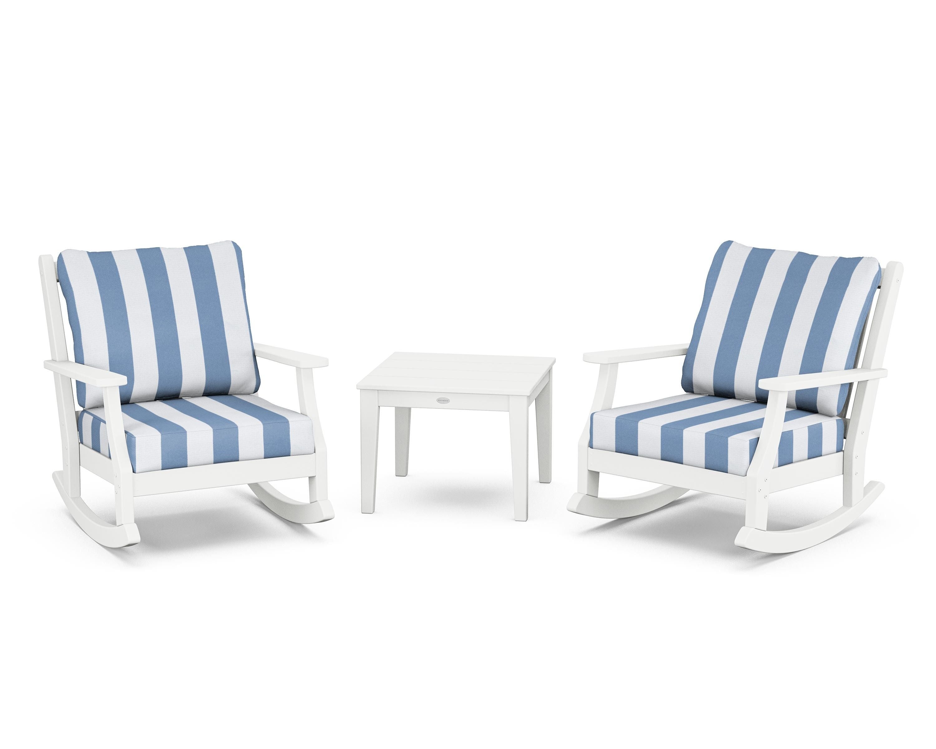 Country Living Wovendale 3-Piece Deep Seating Rocker Set in White / Cabana Stripe Sky Blue