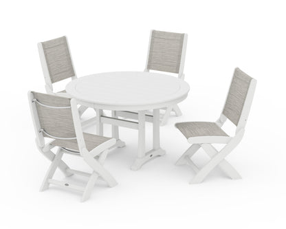 POLYWOOD® Coastal Folding Side Chair 5-Piece Round Dining Set With Trestle Legs in White / Birch Sling