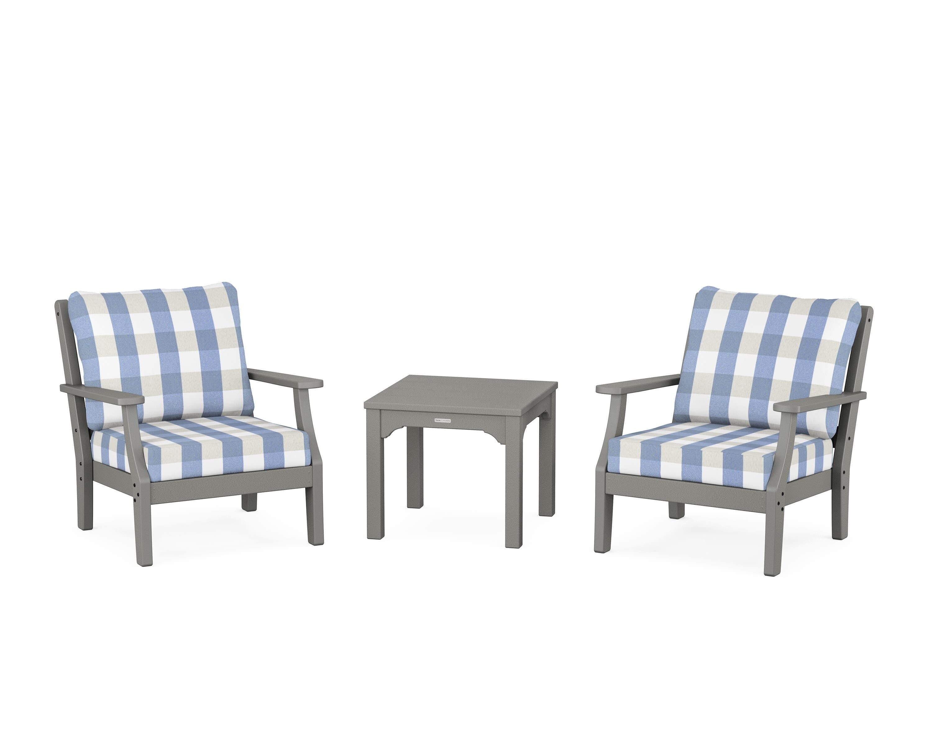 Martha Stewart by POLYWOOD® Chinoiserie 3-Piece Deep Seating Set in Slate Grey / Buffalo Plaid Sky Blue