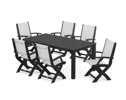 POLYWOOD® Coastal Folding Chair 7-Piece Parsons Dining Set in Black / White Sling