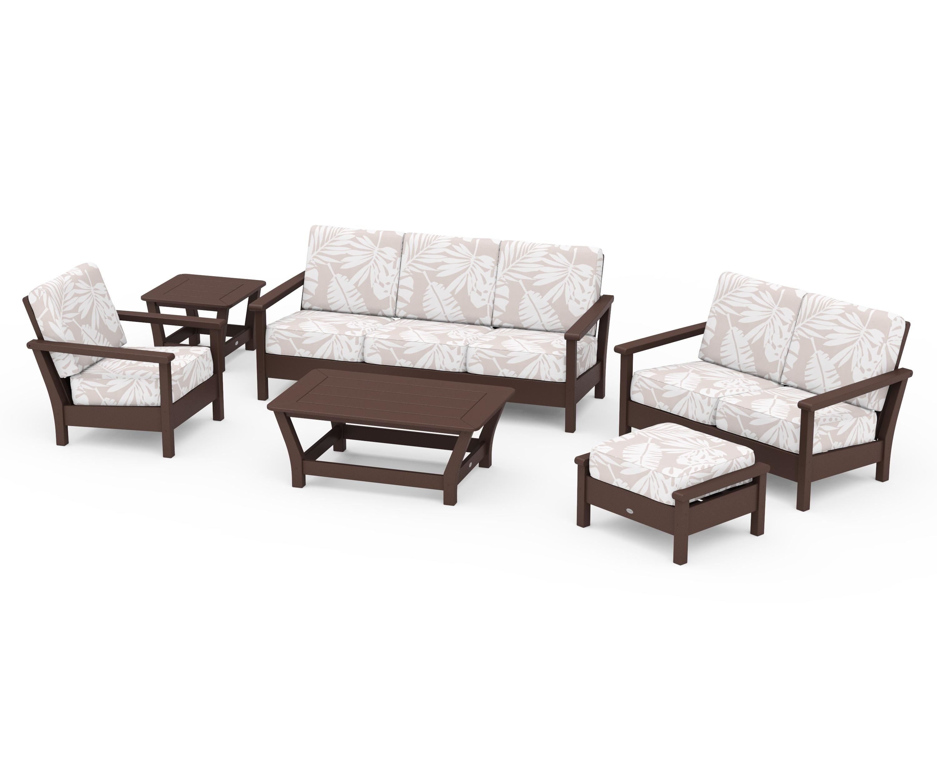 POLYWOOD® Harbour 6-Piece Outdoor Living Set in Mahogany / Leaf Dune Burlap