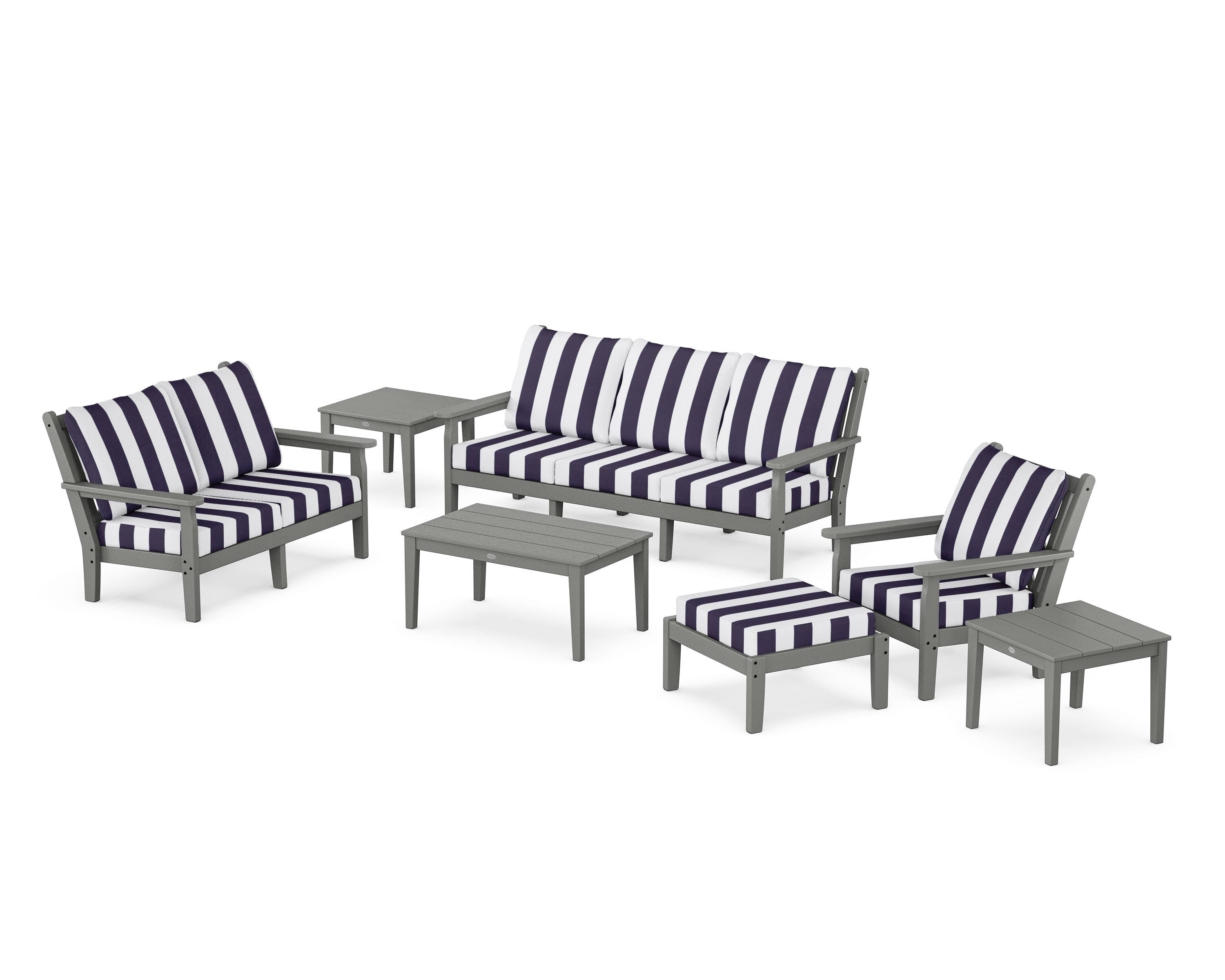 POLYWOOD® Chippendale 7-Piece Deep Seating Set in Slate Grey / Cabana Stripe Navy