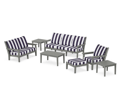 POLYWOOD® Chippendale 7-Piece Deep Seating Set in Slate Grey / Cabana Stripe Navy