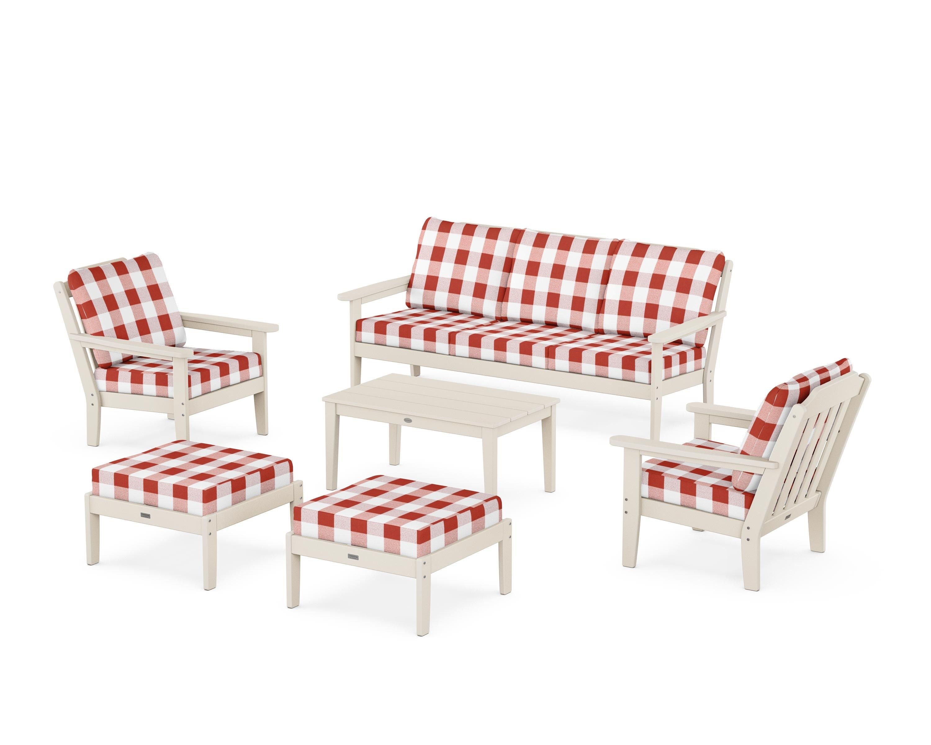 Country Living Cottage 6-Piece Lounge Sofa Set in Sand / Buffalo Plaid Crimson