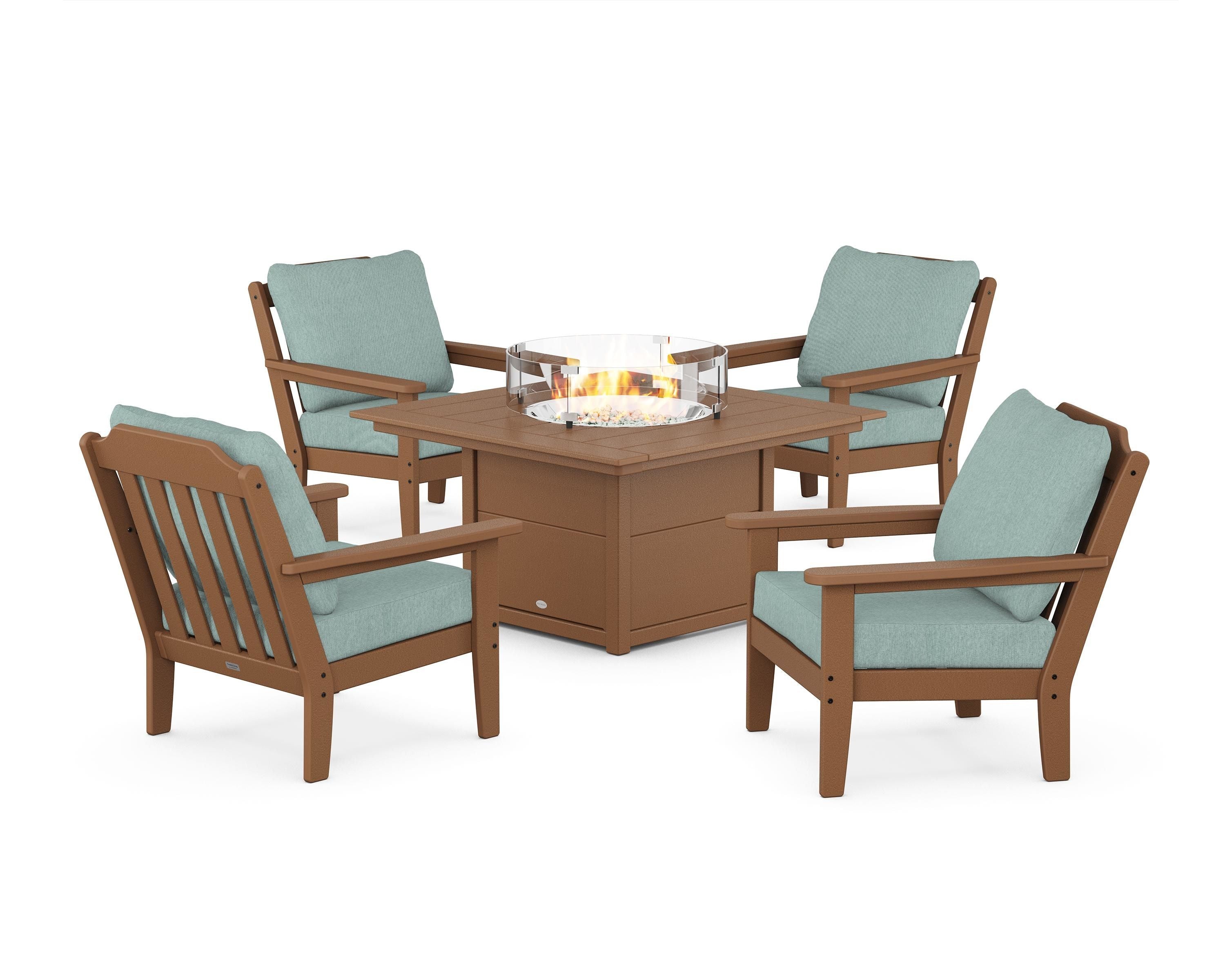 Country Living Cottage 5-Piece Deep Seating Set with Fire Pit Table in Teak / Glacier Spa