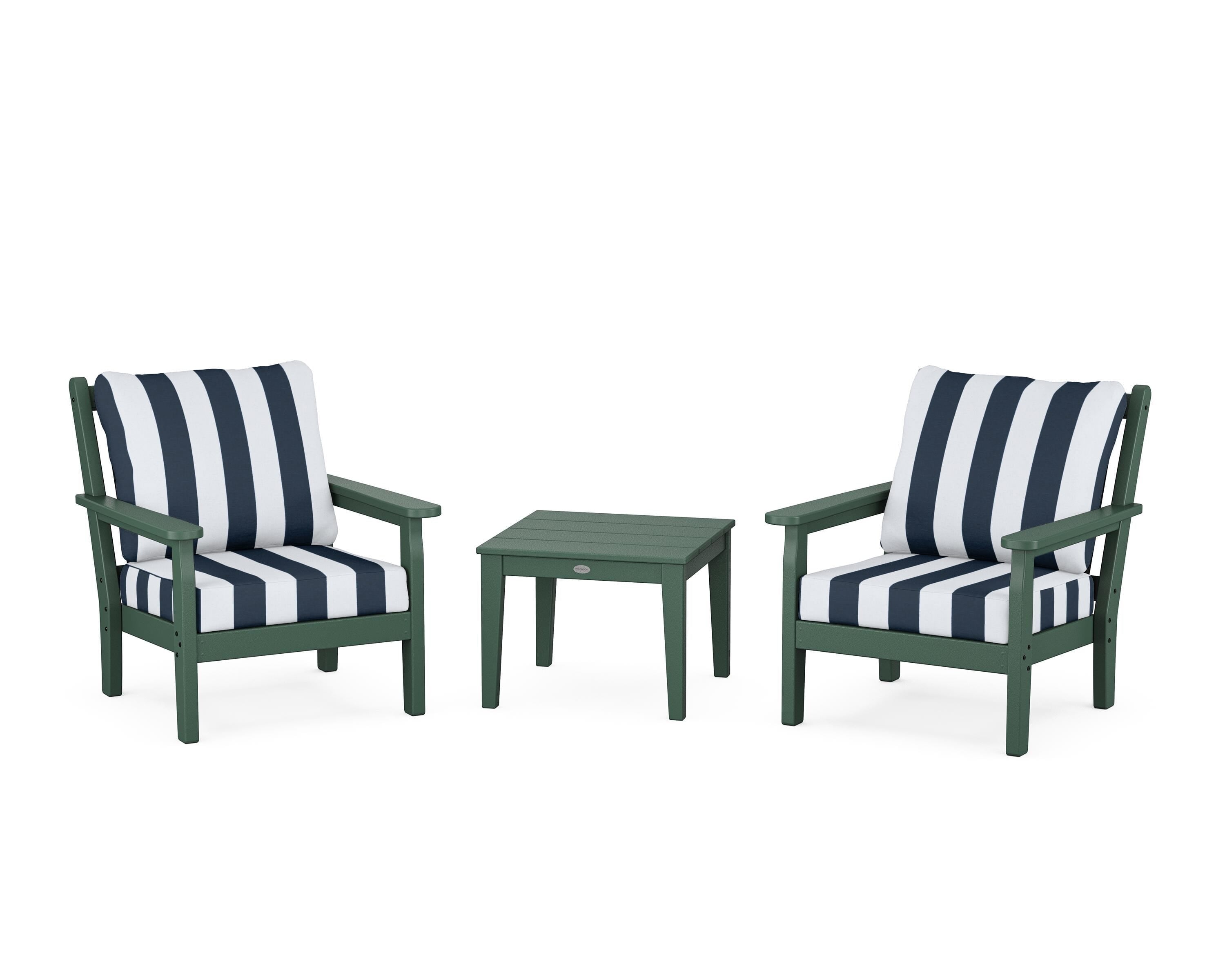 POLYWOOD® Chippendale 3-Piece Deep Seating Set in Green / Cabana Stripe Marine Indigo