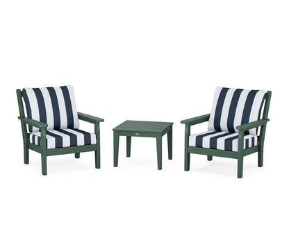 POLYWOOD® Chippendale 3-Piece Deep Seating Set in Green / Cabana Stripe Marine Indigo