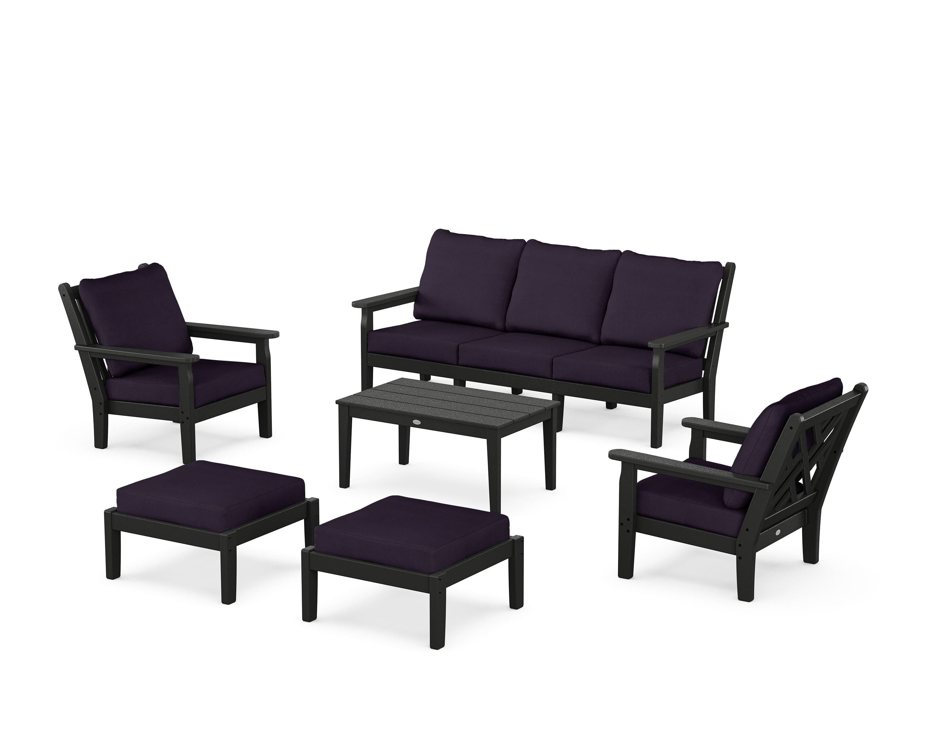 POLYWOOD® Chippendale 6-Piece Lounge Sofa Set in Black / Navy Linen