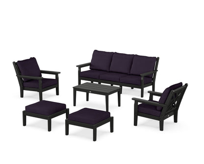 POLYWOOD® Chippendale 6-Piece Lounge Sofa Set in Black / Navy Linen
