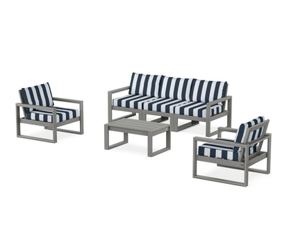 POLYWOOD® EDGE Sectional 4-Piece Deep Seating Set with Sofa in Slate Grey / Cabana Stripe Marine Indigo