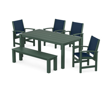 POLYWOOD® Coastal 6-Piece Parsons Dining Set with Bench in Green / Navy Blue Sling